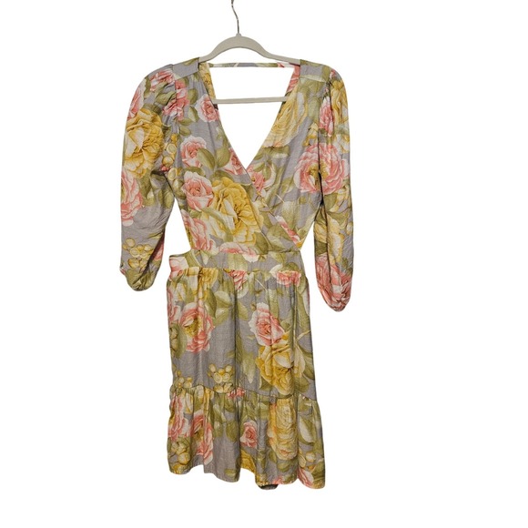 Express Floral Cut-Out Mini Dress Pink Yellow Rose V-Neck Tie Back Size M - Picture 3 of 4